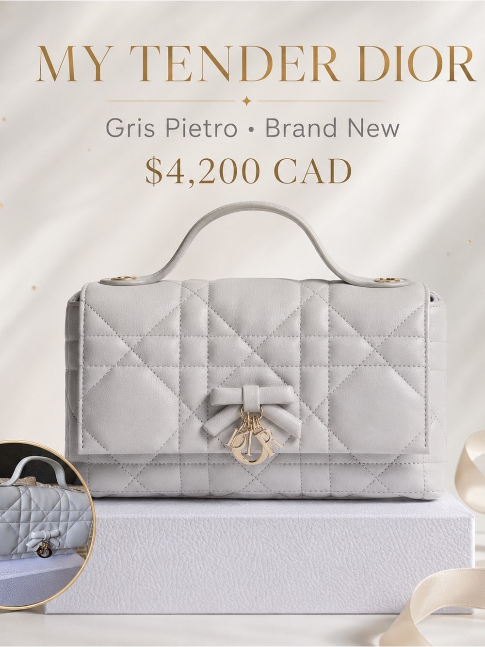 Dior My Tender Top Handle Bag in Gris Pietro Gray with Gold Hardware